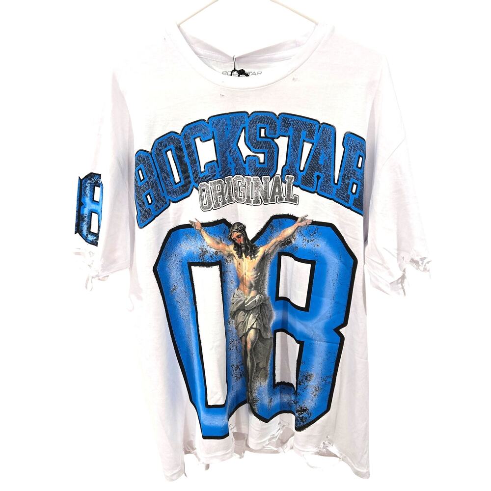Rockstar Original Sz XL White Blue OverSized  Distressed Graphic T-Shirt12